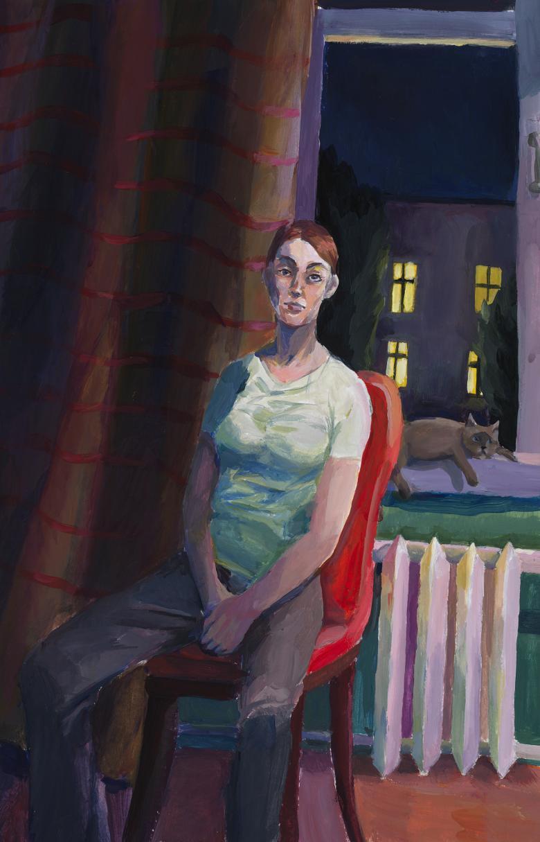A woman sits in front of a window. Behind her, the curtain is a radiator and a cat sits on a windowsill. Through the window, we can see the lights of the house across the street. 