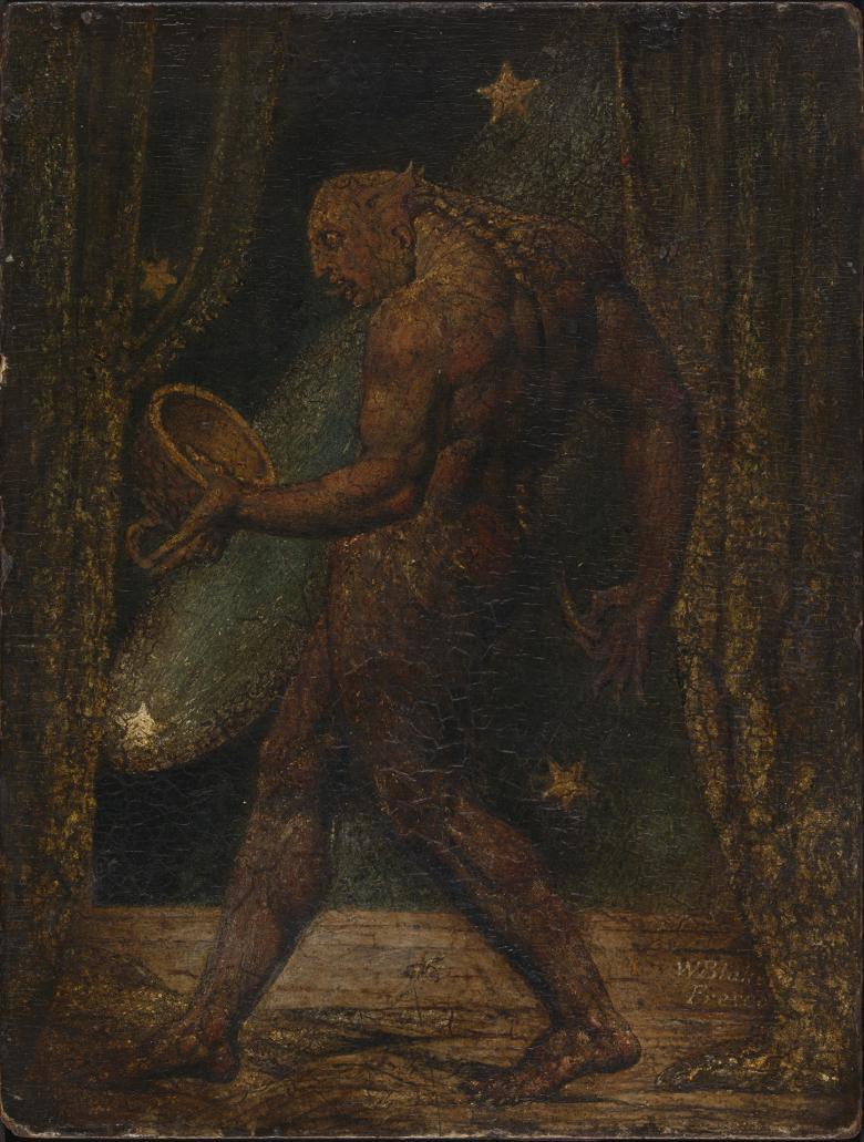 A large, muscular figure with scales on his body and his tongue protruding walks through a wooded area at night. In his hand he holds a large acorn top, the size of his head. 