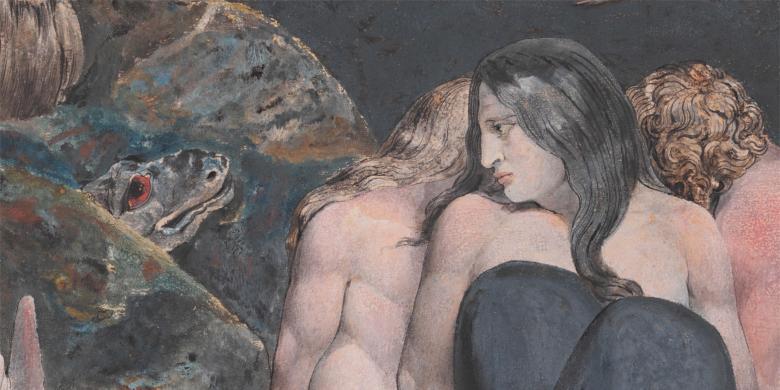 Detail of a painting of a group of figures seated.