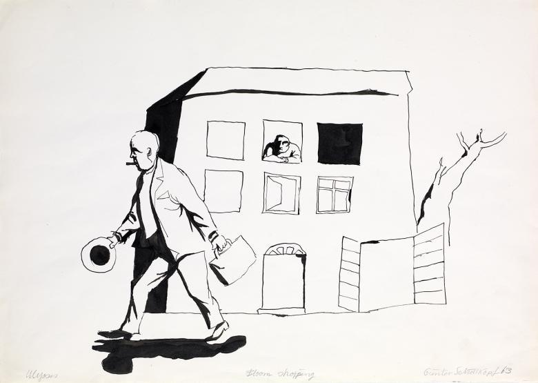 An ink drawing of a man carrying a hat and satchel walking past a building