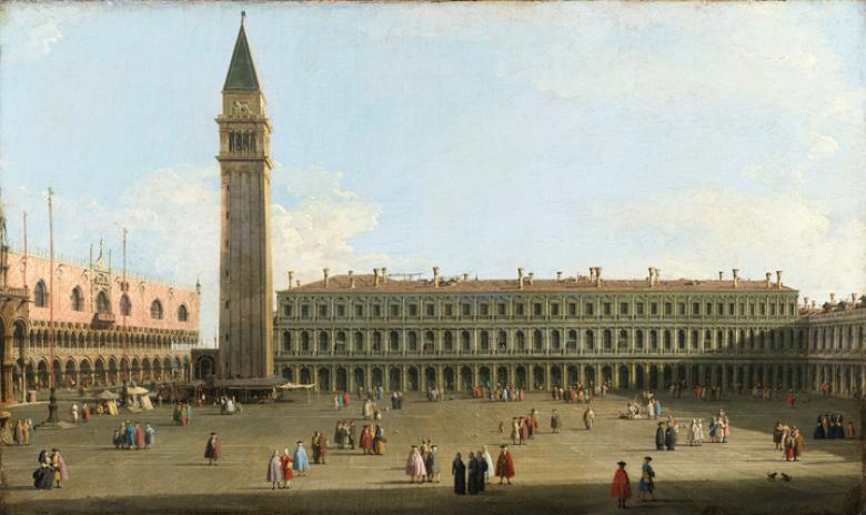 Oil painting of Saint Mark's Square in Venice with tiny figures of people milling around