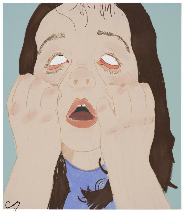 An illustration of a figure with shoulder length brown hair pulling their eyes downward with their hands so the whites are all that are showing and the inner red eyelid is exposed.