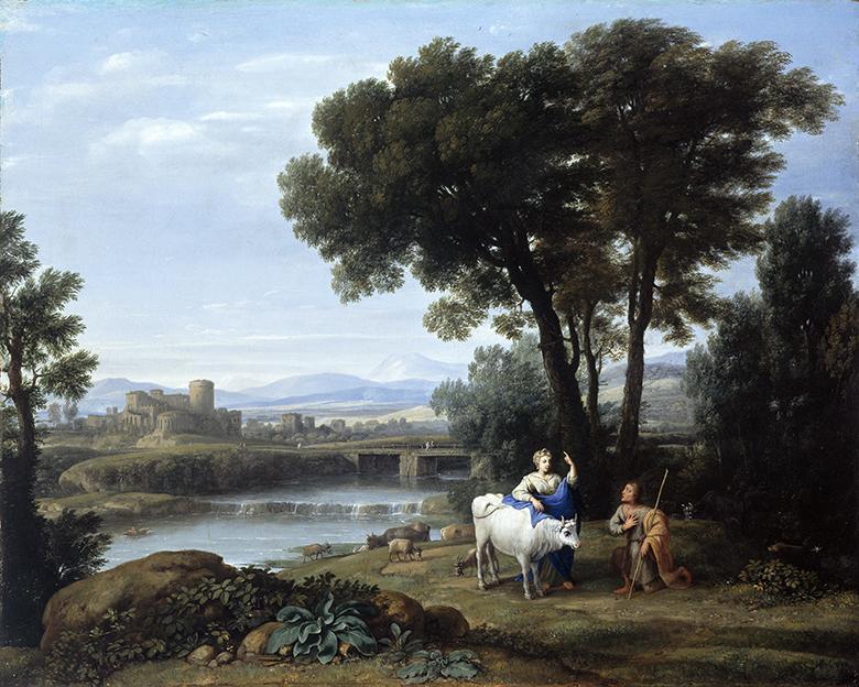 Painting of a man in a brown cloak with a staff, kneeling in front of a woman with a blue cloak with a white cow, in front of a blue sky and river.
