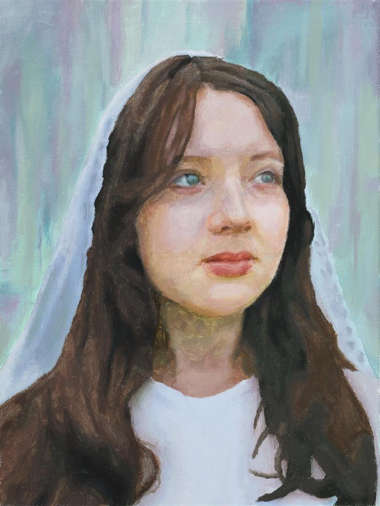 A young girl wearing a white dress and veil with brown hair over her shoulders gazes off to the right. 