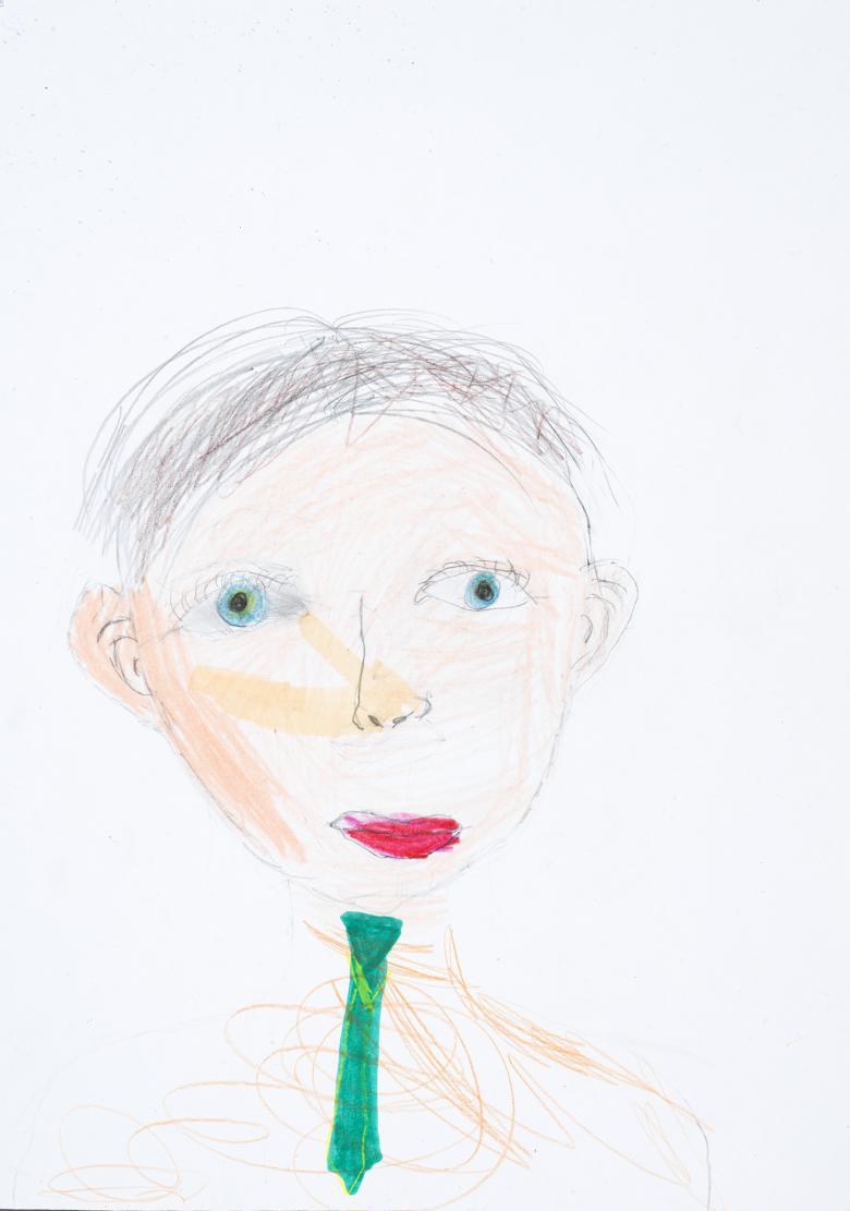 A drawing of a figure using pencils and markers. They have bright blue eyes, a red mouth and are wearing a green tie. 