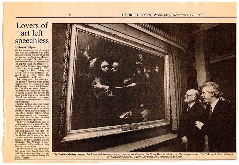 Newspaper clipping from November 1993 with headline: Lovers of art left speechless.
