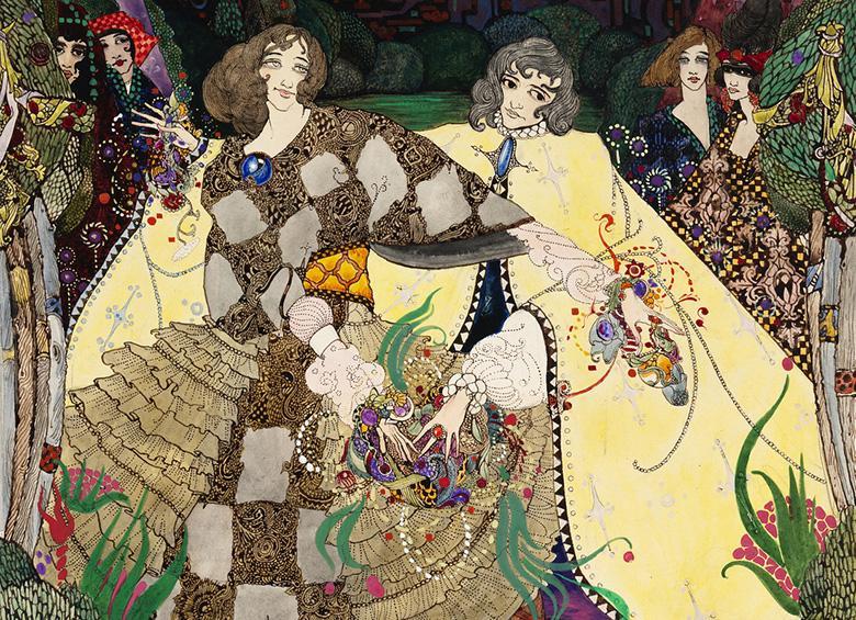 Ornate watercolour illustration by Harry Clarke showing figures in a stylised garden.