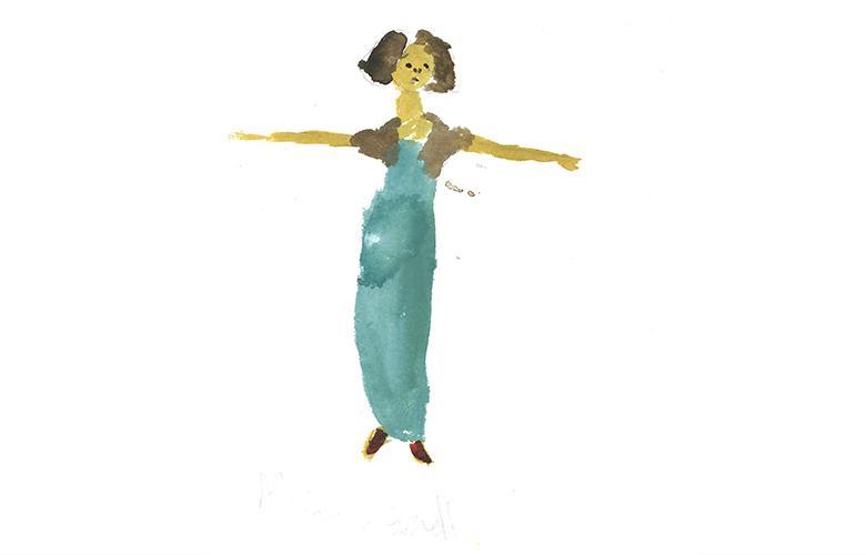 Watercolour of woman in a green dress standing with her arms out perpendicular to her body.