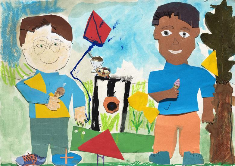 A collage of two figures standing in a park. They both bold ice cream cones in the hands, and behind them is more icecream and a red kite. 
