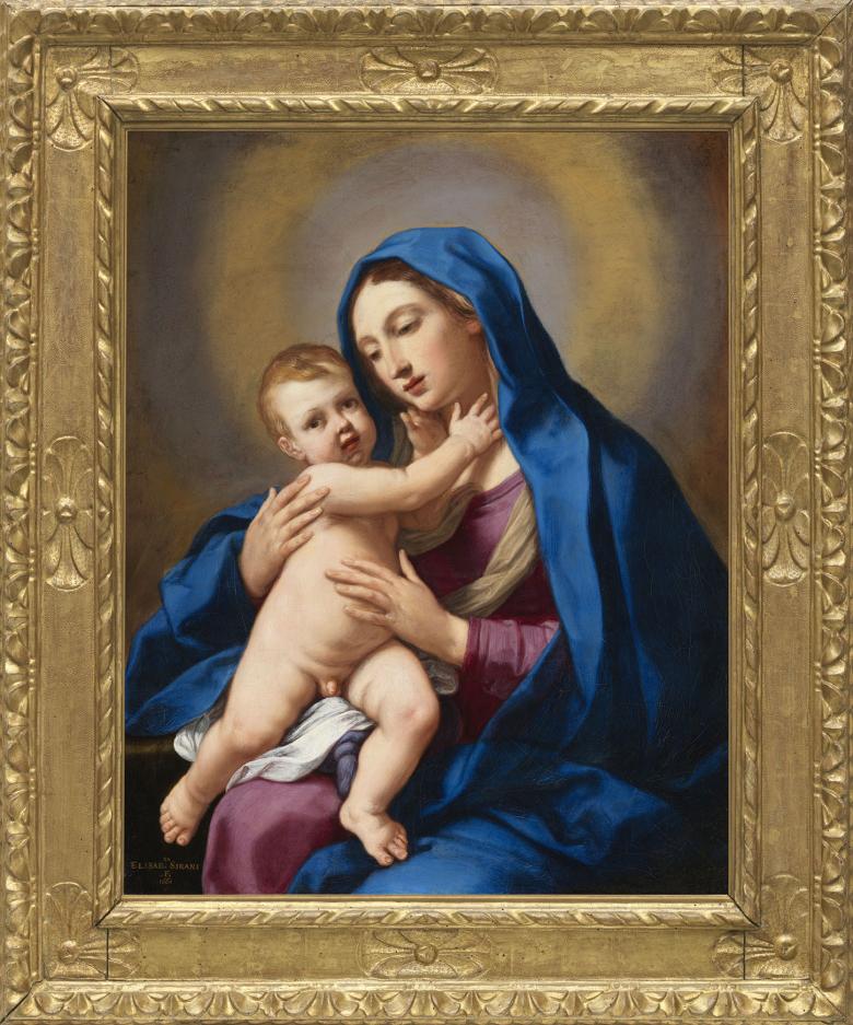 Tender painting of the Virgin Mary holding the Infant Jesus, in a gilt frame