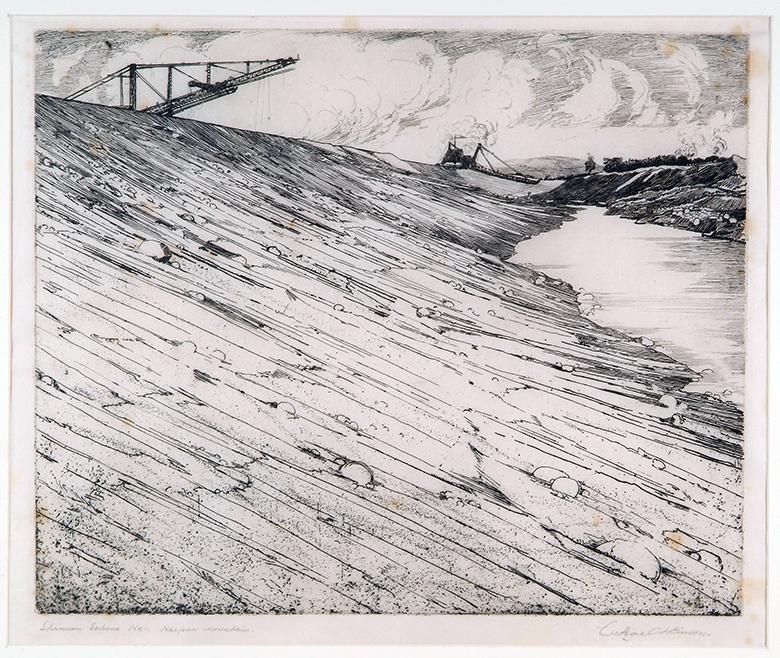 Black and white etching of a canal being dug for the Shannon Scheme, with a large bank of earth filling three-quarters of the composition, and two machines silhouetted against the sky.