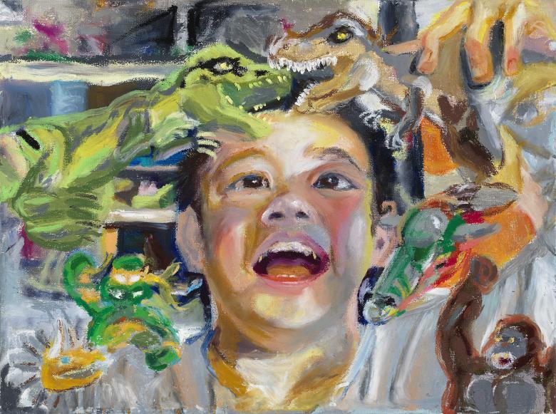 An oil painting of a small child surrounded by toys with a look of joy on his face. Above his head he holds out two plastic dinosaurs, doing battle. 