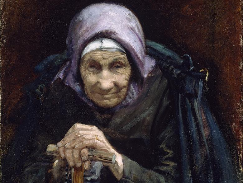 A painting of an elderly woman, a fisherman's mother, wearing a purple headscarf and leaning both hands on a walking stick.
