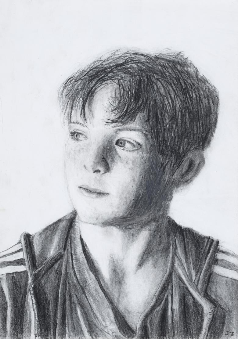 A pencil drawing of a young boy. His hair is tousled, and he is looking off to the side so his head is in three-quarter profile. 