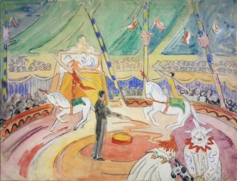 Painting of the inside of a circus tent, with clowns, acrobats and horses performing