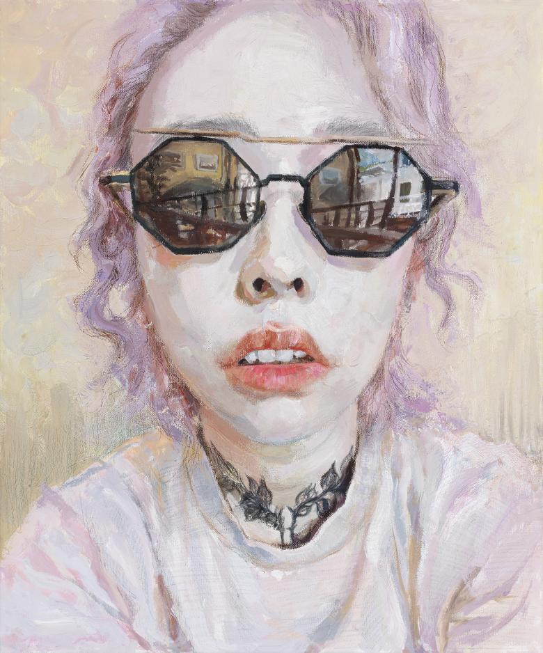 A drawing of a woman with lilac hair wearing sunglasses. In the glasses, we see the reflection of an interior, and an exterior