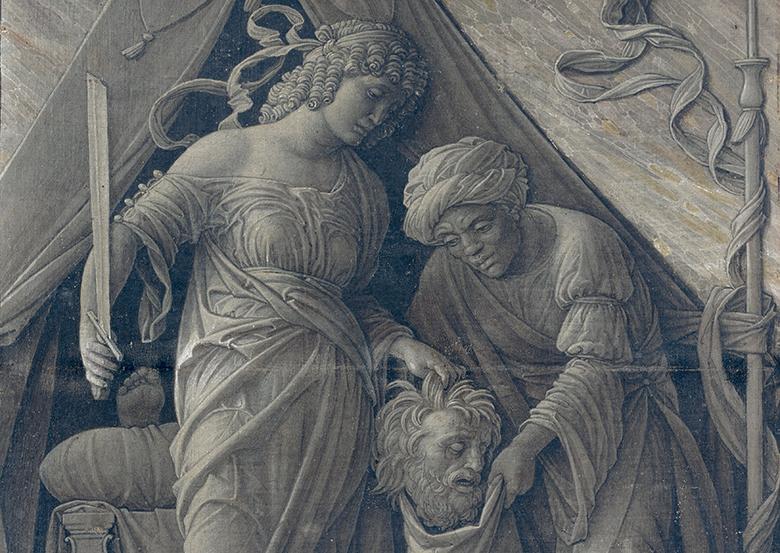 A painted monochromatic grey image of two standing figures in biblical dress. One holds a sword in one hand while placing a man's severed head into a bag held by the other figure.