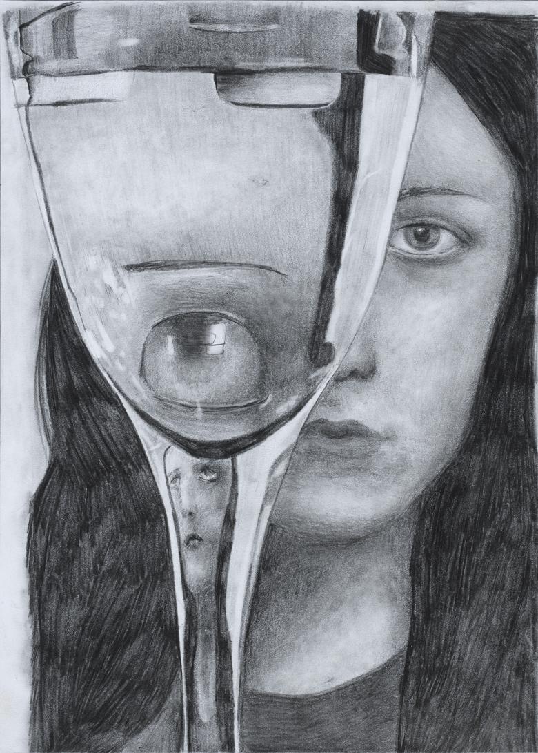 A pencil drawing of a figure's head and shoulders. They are partially obscured by a wine glass filled with water in the foreground which distorts the image and reflects different parts of the face back to the viewer.