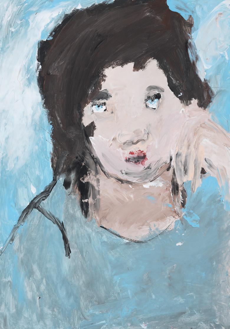A painting of a figure with dark hair resting their chin on their hands. Blue is the dominant colour throughout, with the clothing melting into the sky in the background.