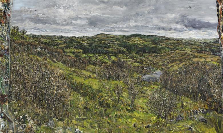 Expressive and textured painting of a green Irish landscape of fields and rolling hills