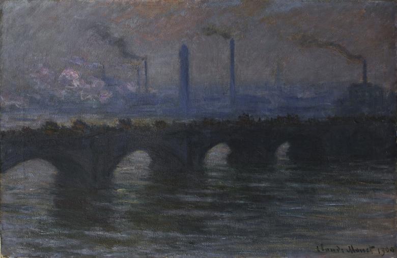 An impressionistic painting of a London bridge in tones of blue, purple, grey and brown. In the background you can see the city, with large smoking chimney stacks.