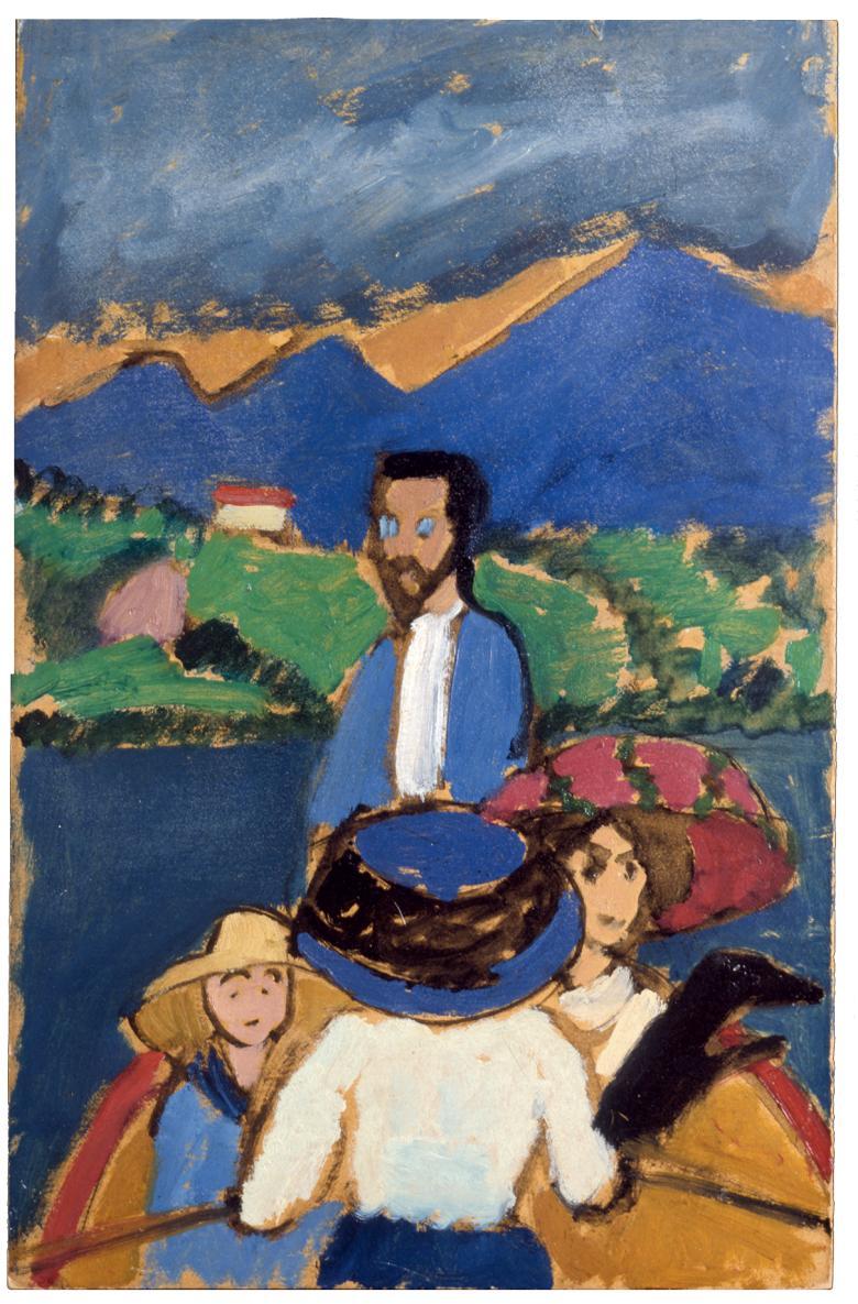 An expressionist painting showing a group of people on a boat with a mountain behind them. The colours are bright and vibrant.
