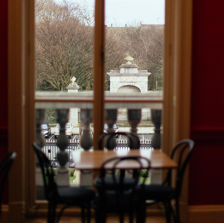 Photo of the view over Merrion Square through the window of the Members' Room in the National Gallery of Ireland. 