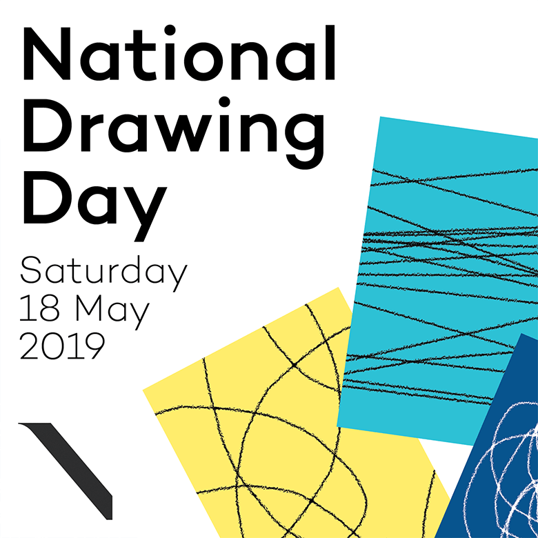 Poster for National Drawing Day. Text reads National Drawing Day Saturday 18 May 2019. 