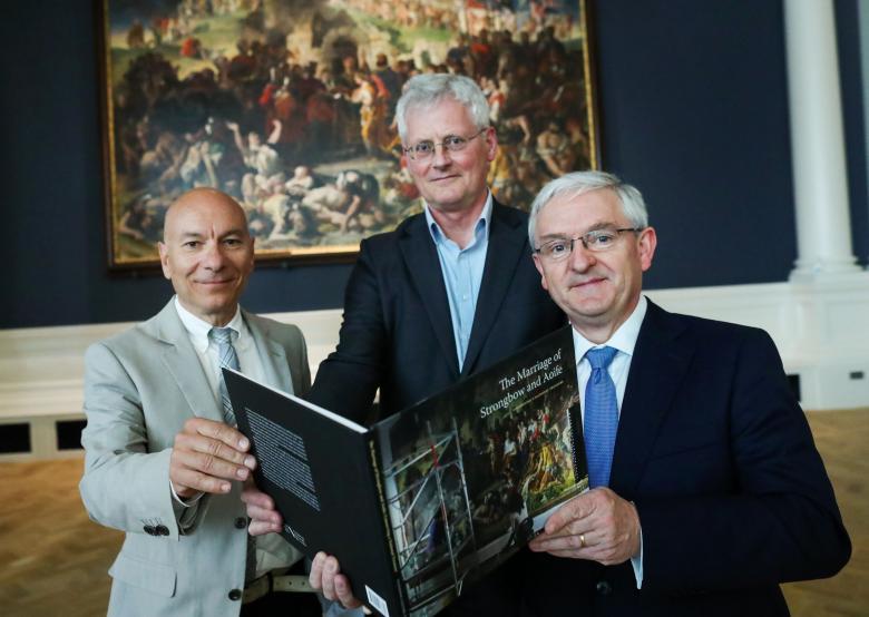 Simone Mancini, Head of Conservation, National Gallery of Ireland; Sean Rainbird, Director, National Gallery of Ireland; and Peter Keegan, Country Executive for Ireland, Bank of America Merrill Lynch; at a preview of Daniel Maclise (1806-1870), The Marriage of Strongbow and Aoife in the refurbished Shaw Room of the National Gallery of Ireland, following a conservation and research project funded by the Bank of America Merrill Lynch Art Conservation Project. Photo © Maxwell Photography