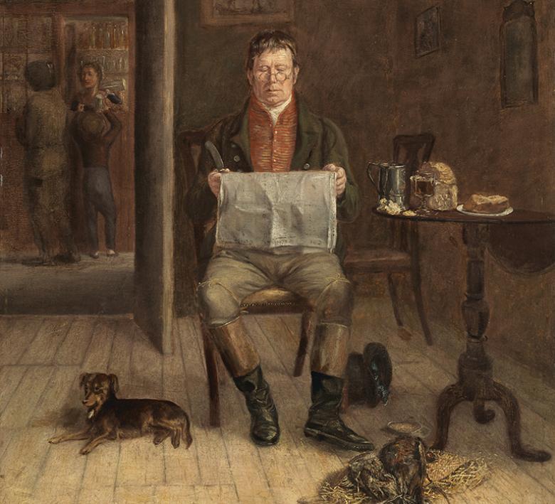 A painting of a man sitting on a chair reading a newspaper with a dog lying attentively at his feet