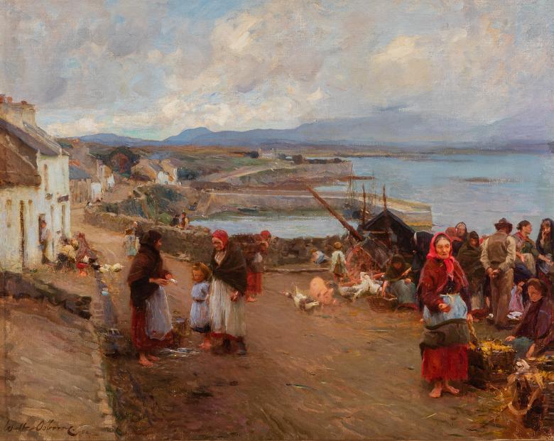An oil painting showing groups of people gathered on a village road, with thatched houses overlooking the sea. The women are wearing shawls and red dresses and are barefoot. There are animals - pigs and chickens - on the road too. 