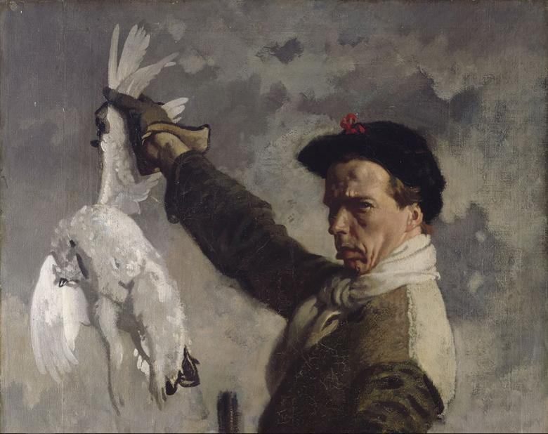 Painted self-portrait of William Orpen holding a dead bird aloft.