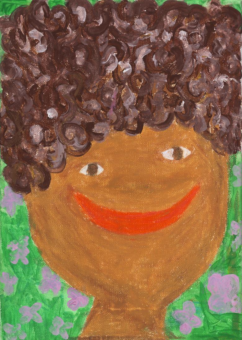 A drawing of a smiling figure in front of a background of green with purple flowers. Most of the frame is taken up by the smiling face and brown curls, which extend beyond the edges of the painting. 