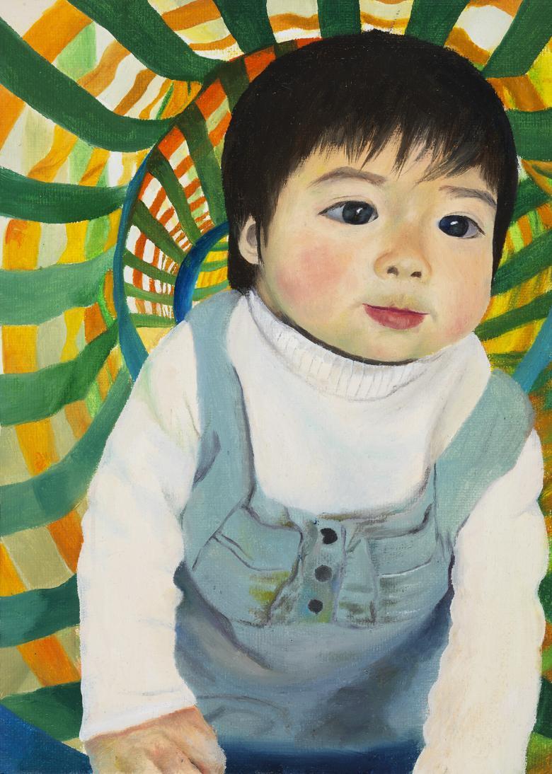 A dark-haired toddler in a light blue overall and white shirt is in the front of the frame. Behind them, a swirling pattern in green, white, blue, white and yellow. 