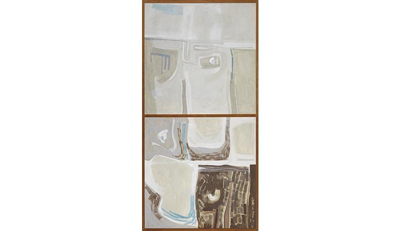 Abstract painting in portrait format in shades of brown, cream and pale blue.