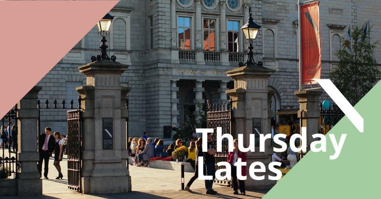 People gather outside the National Gallery on a summer's evening. An overlay of text reads 'Thursday Lates'