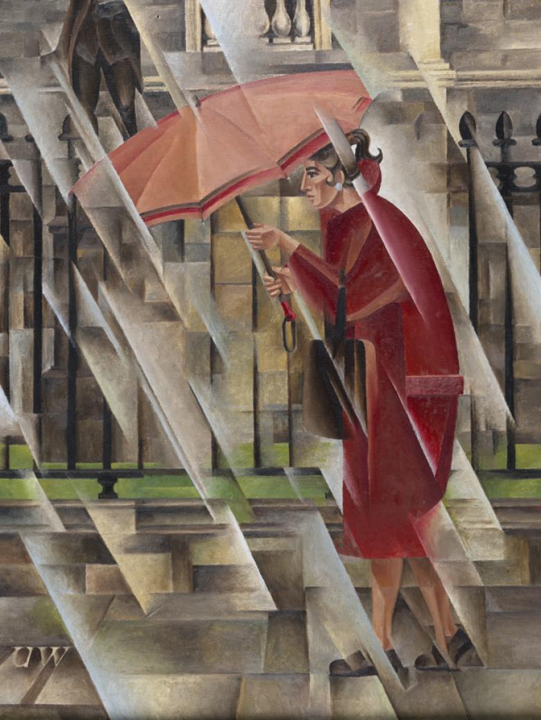 A cubist style painting of a woman in a red coat with an orange umbrella walking past a grand building in the rain.