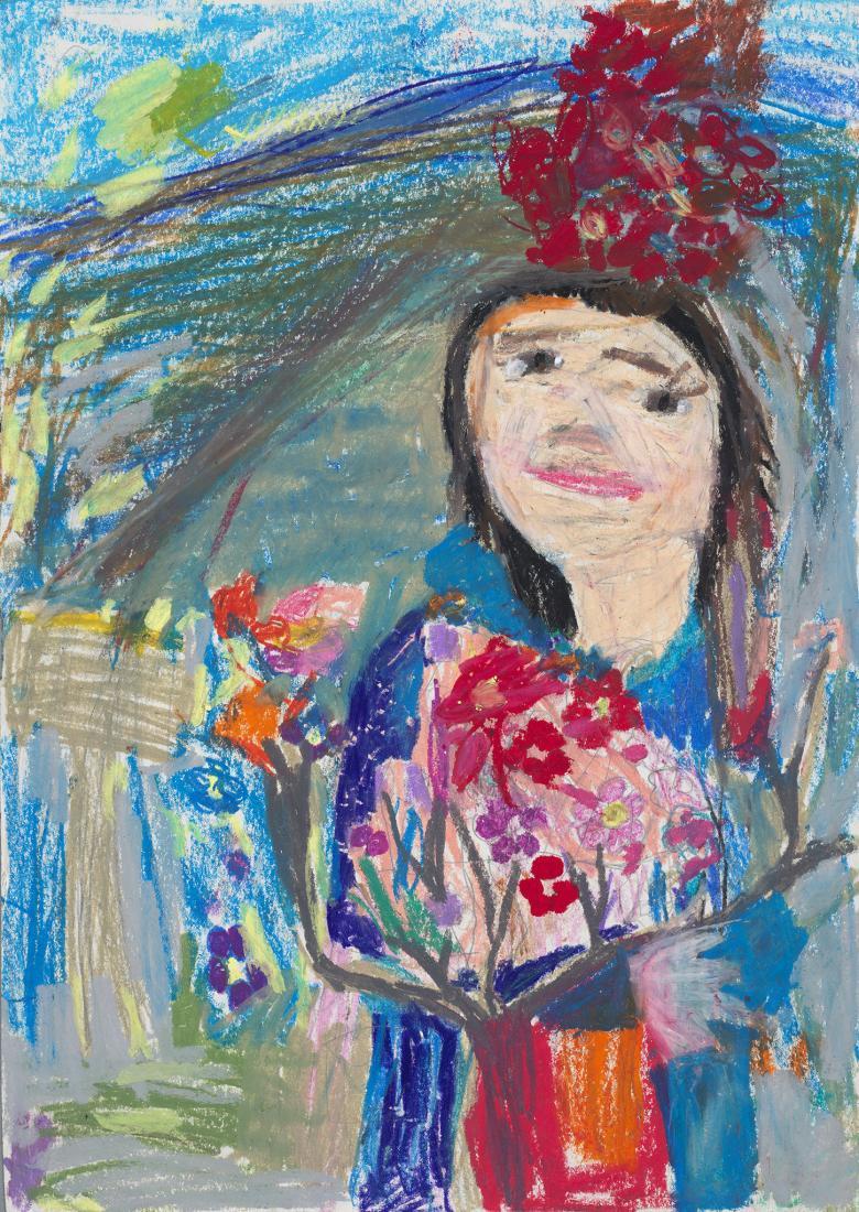 A chalk drawing of a figure holding an armful of flowers. 