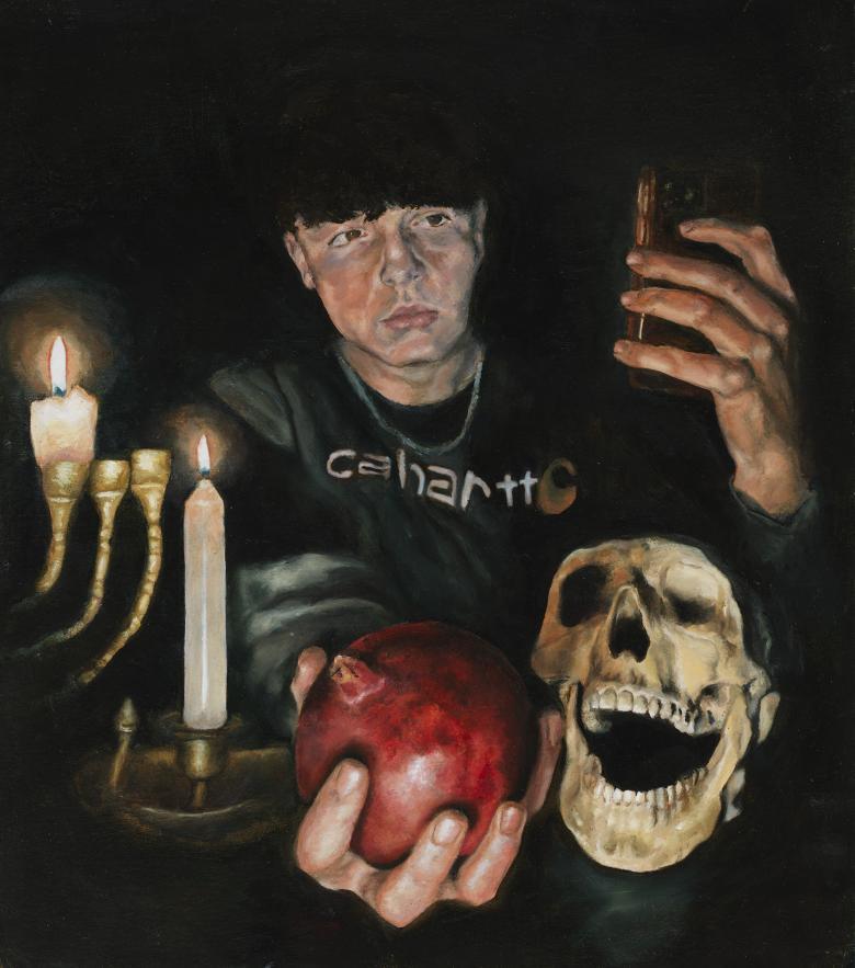 An oil painting of a figure standing in a darkened space. He is surrounded by objects - a candelabra and a skull - and holds a pomegranate and a phone. 