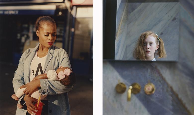 Two fine-art photographs, one depicting a woman holding a small baby, the other depicting a young girl's reflection in a mirror.