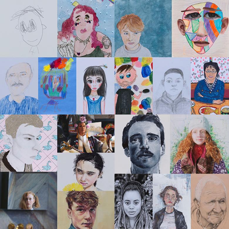 A photo collage of 20 portraits made by young people aged 4 to 17 years.