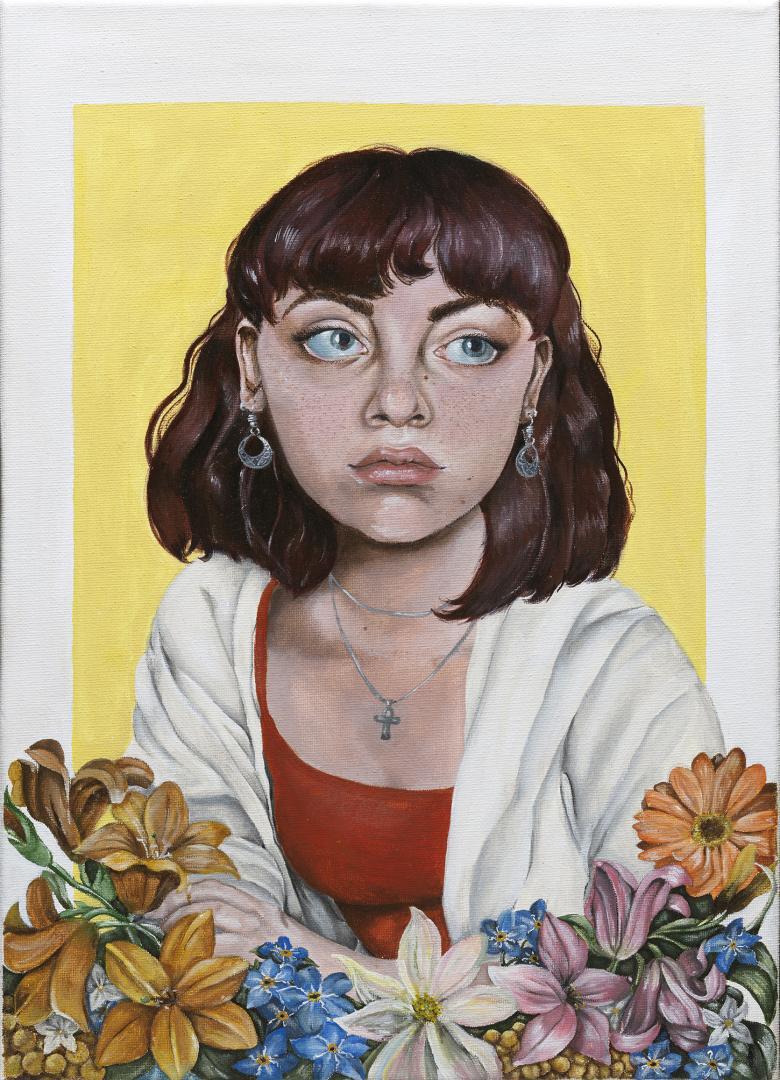 Portrait of a young girl wearing a white cardigan, on a yellow background, with orange and white lilies and coloured flowers in the foreground