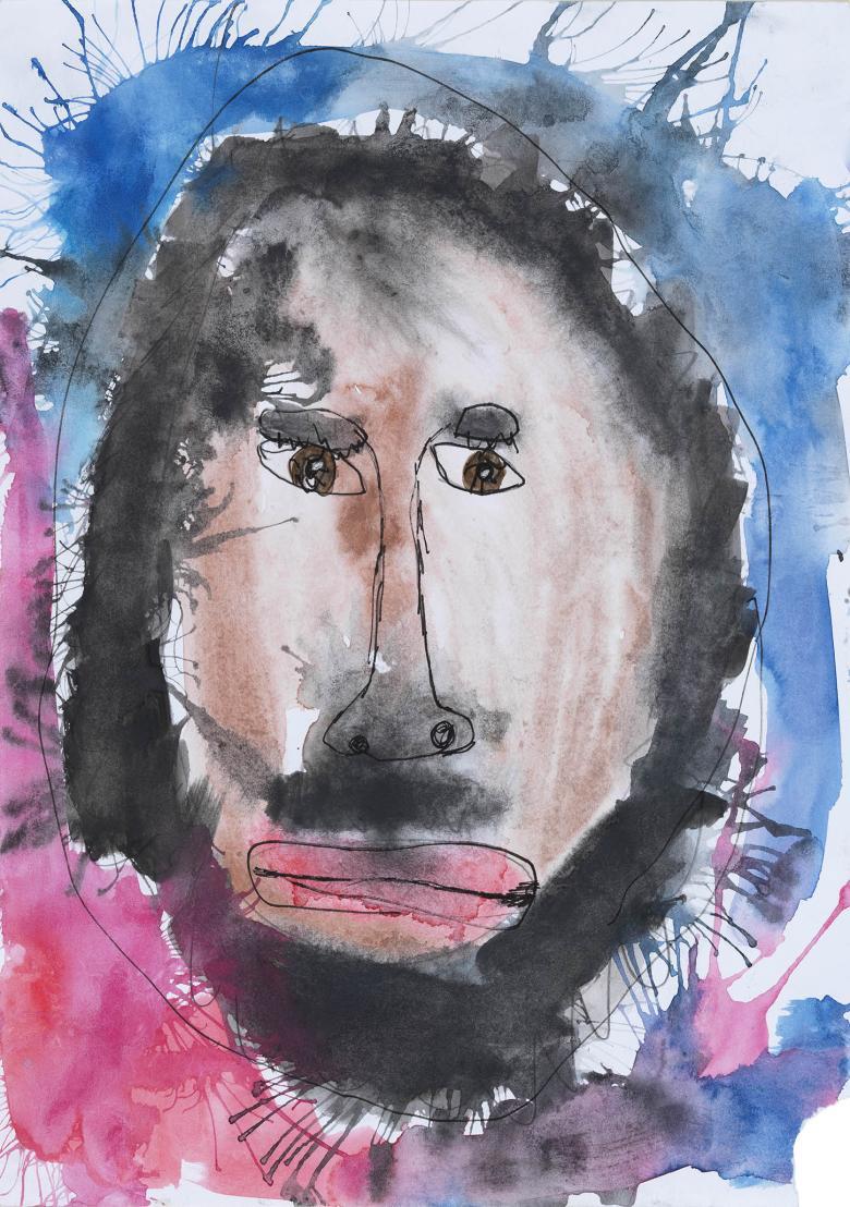 Child's painting of a close-up view of a head painted in shades of black, brown, pink and purple