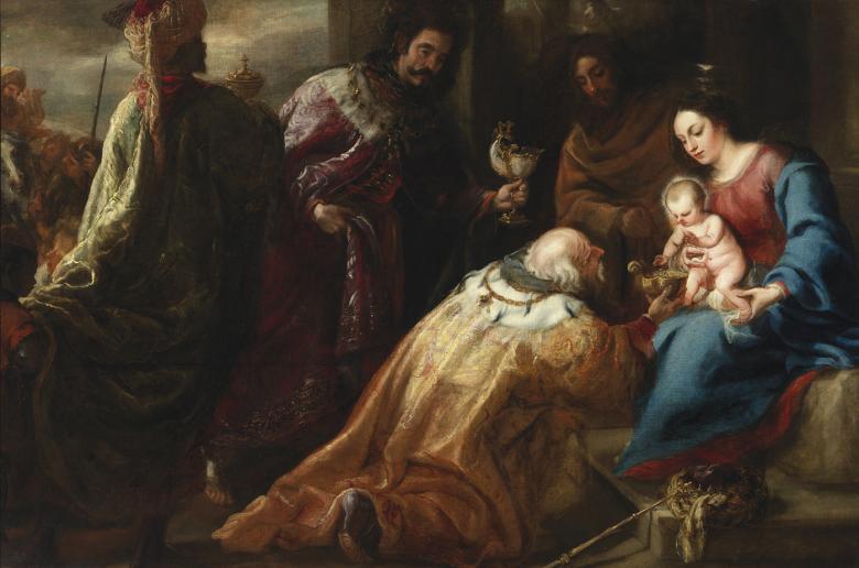 Oil painting of the three Magi presenting gifts to the Christ Child who is seated on the Virgin Mary's lap.