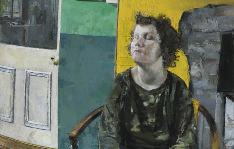 Oil portrait of boy seated with eyes closed and head tilted slightly up