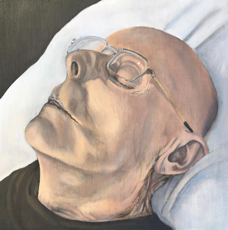 Close-up painting of an elderly male figure with glasses lying with his eyes closed and his head on a pillow