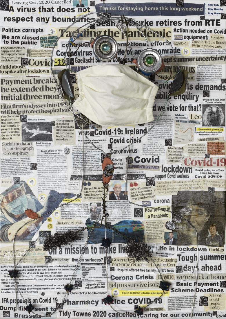 Collage of medical equipment and a face mask in the form of a human, with a background of newspaper articles