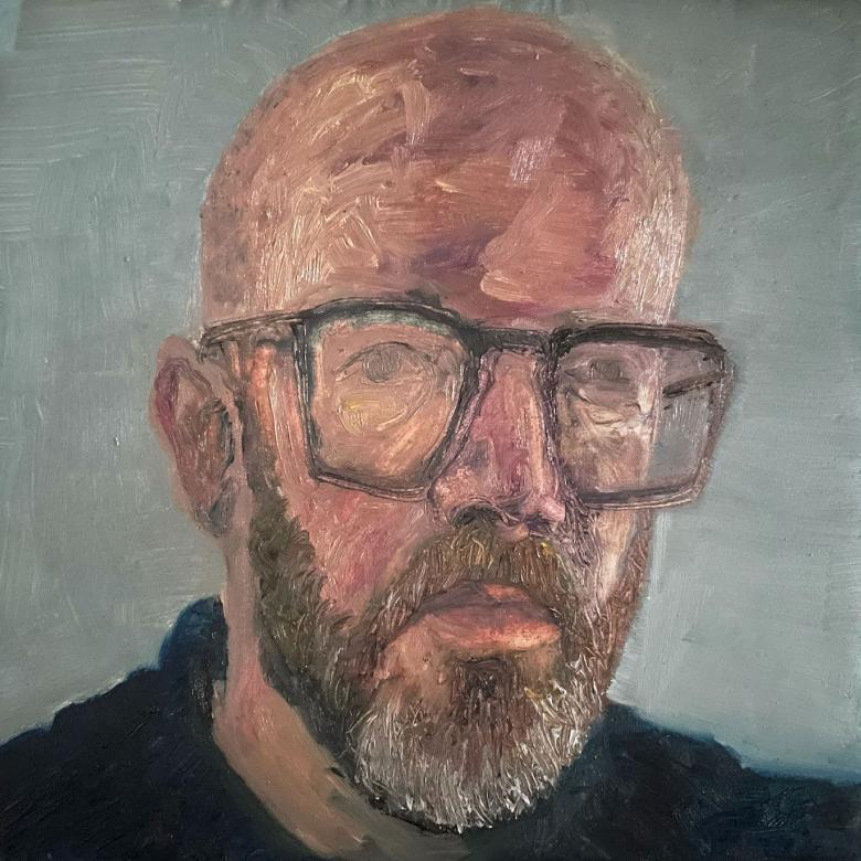 Painting of a bald male figure with a beard and glasses wearing a dark top