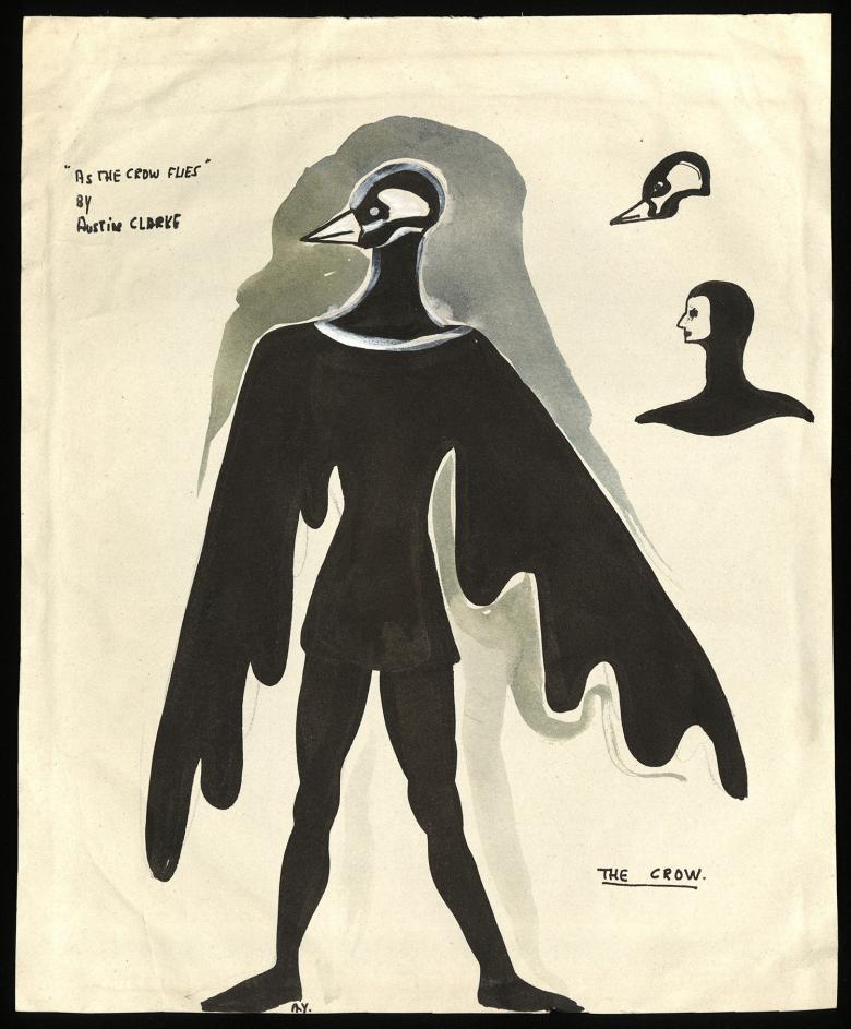 Black and white watercolour sketch of a costume of a crow with details showing mask and balaclava that the actor would wear