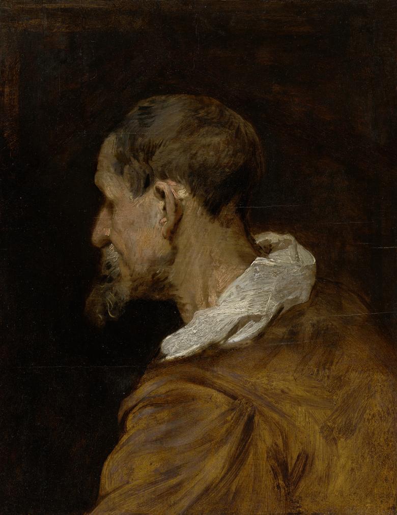 An oil painting showing a male figure in side profile, turned away from the viewer. He is wearing a brown shirt and a white collar, and has closely cropped hair and a short beard.
